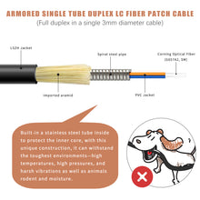 Load image into Gallery viewer, Uniboot LC to LC Armored Fiber Patch Cable, Bangun Single Mode Duplex Fiber Optic Cable Jumper Optical Patch Cord, 9/125um, (OS1/OS2 Compatible), LSZH Black