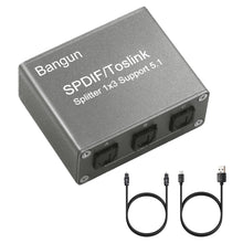 Load image into Gallery viewer, Optical Audio Splitter 1x3, Digital Optical Splitter 1 in 3 Out, Toslink Optical Cable Splitter 3 Output Support 5.1CH Dolby-AC3 DTS for PS3 Blue-Ray DVD HDTV, Grey
