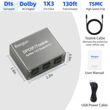 Load image into Gallery viewer, Optical Audio Splitter 1x3, Digital Optical Splitter 1 in 3 Out, Toslink Optical Cable Splitter 3 Output Support 5.1CH Dolby-AC3 DTS for PS3 Blue-Ray DVD HDTV, Grey
